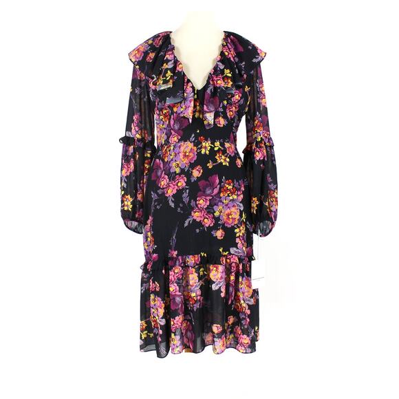 Amanda Uprichard Ruffle Evening Blossom Floral Talulah Dress Medium Pleated Midi - Picture 2 of 8